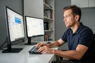Technicien comparant deux moniteurs IPS et VA côte à côte dans un bureau moderne