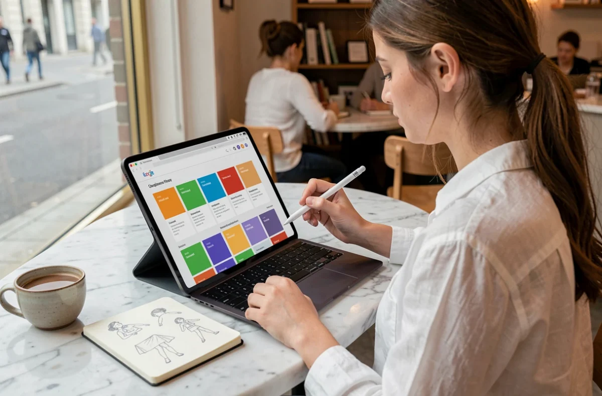 Jeune femme concevant un site responsive sur tablette dans un café avec des gabarits visuels