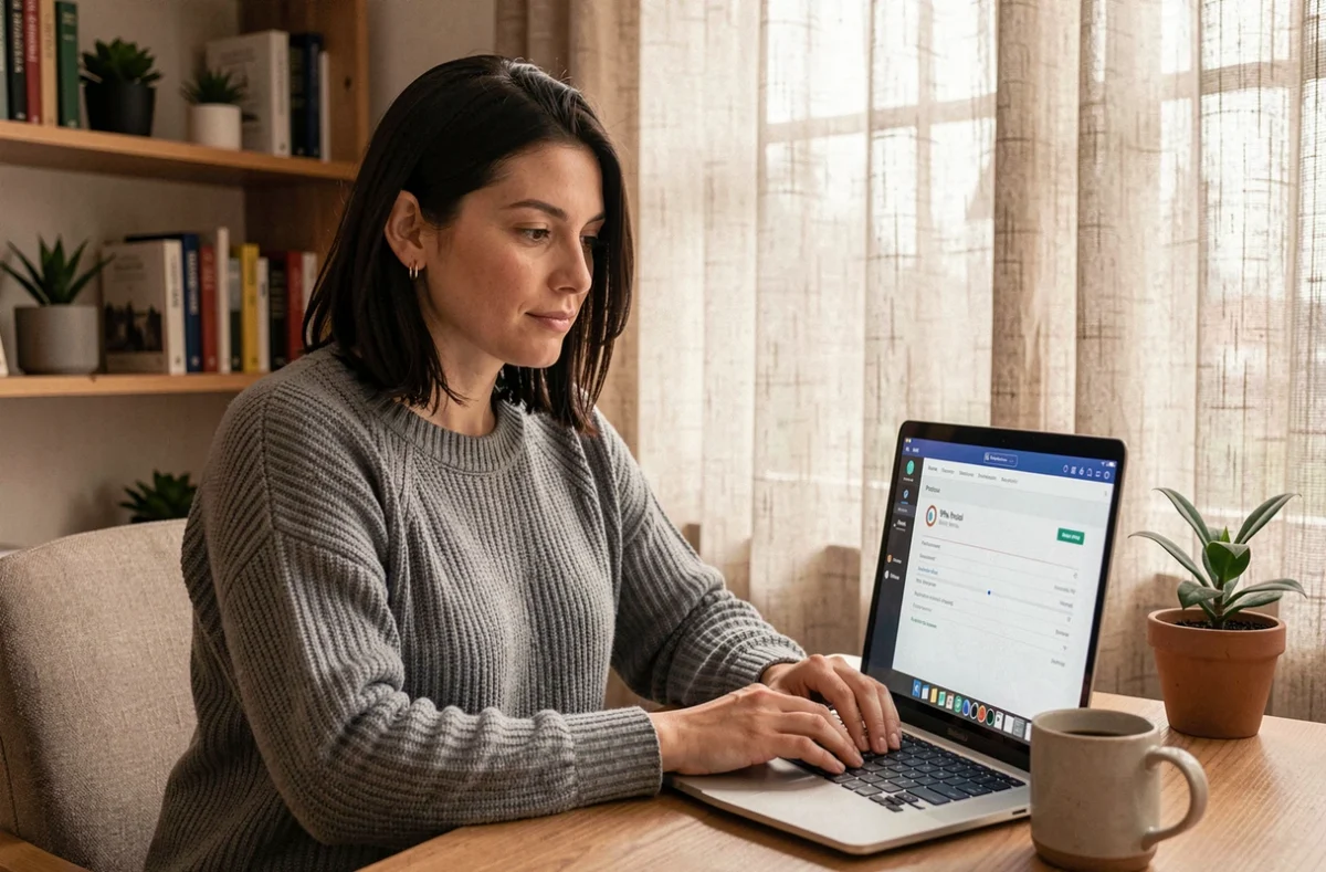 Femme configurant un protocole VPN sur son ordinateur portable dans un espace de travail à domicile
