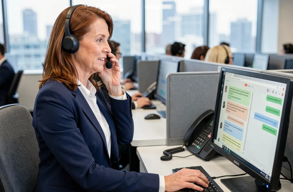 Conseillère clientèle travaillant avec un chatbot dans un centre d'appels moderne