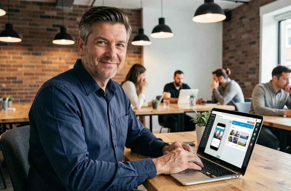 Entrepreneur créant un site web responsive avec un constructeur visuel dans un espace de coworking