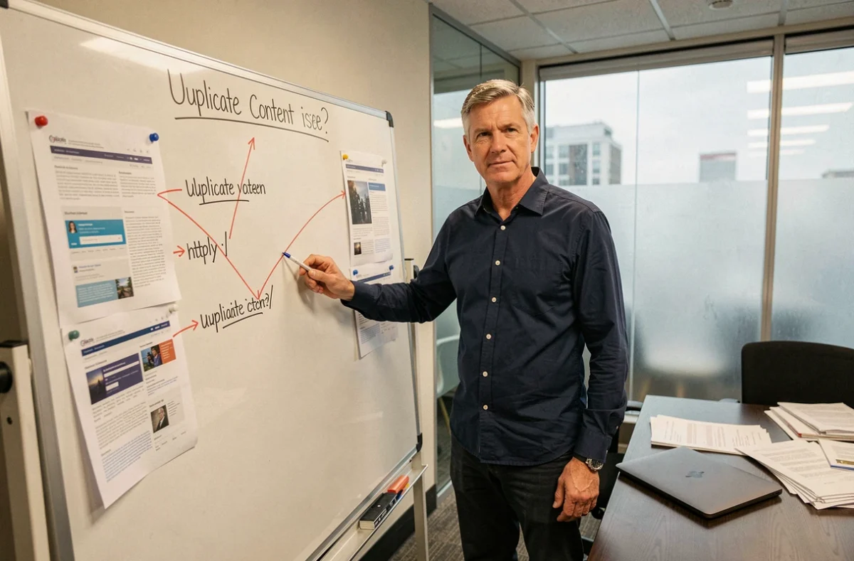 Consultant SEO analysant des URLs en double sur un tableau blanc dans une salle de réunion d'entreprise