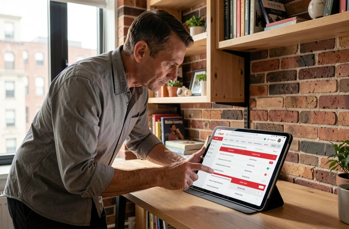 Consultant SEO examinant un rapport d'audit technique avec des erreurs de liens brisés sur une tablette dans un bureau à domicile