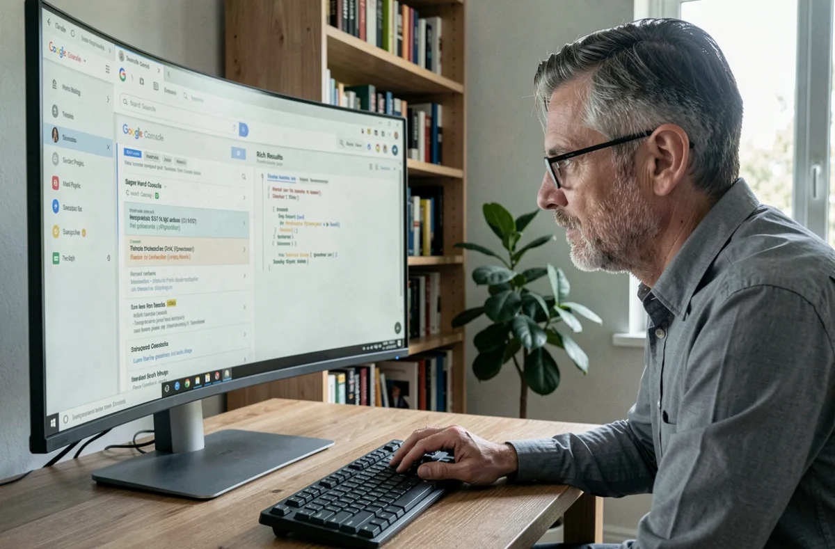 Consultant SEO analysant les résultats enrichis Google et les données structurées dans un rapport Search Console sur un écran ultrawide