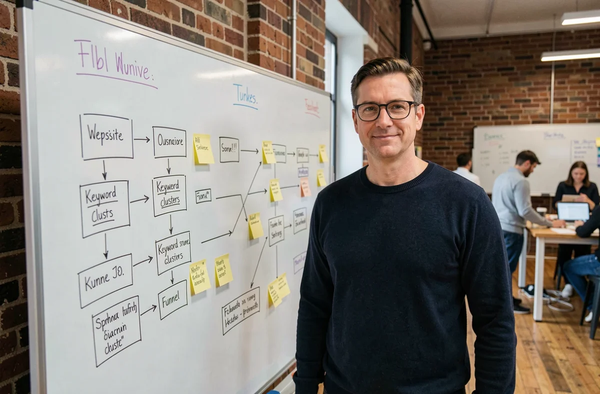 Consultant SEO expliquant la stratégie de référencement naturel sur un tableau blanc dans un espace de travail collaboratif