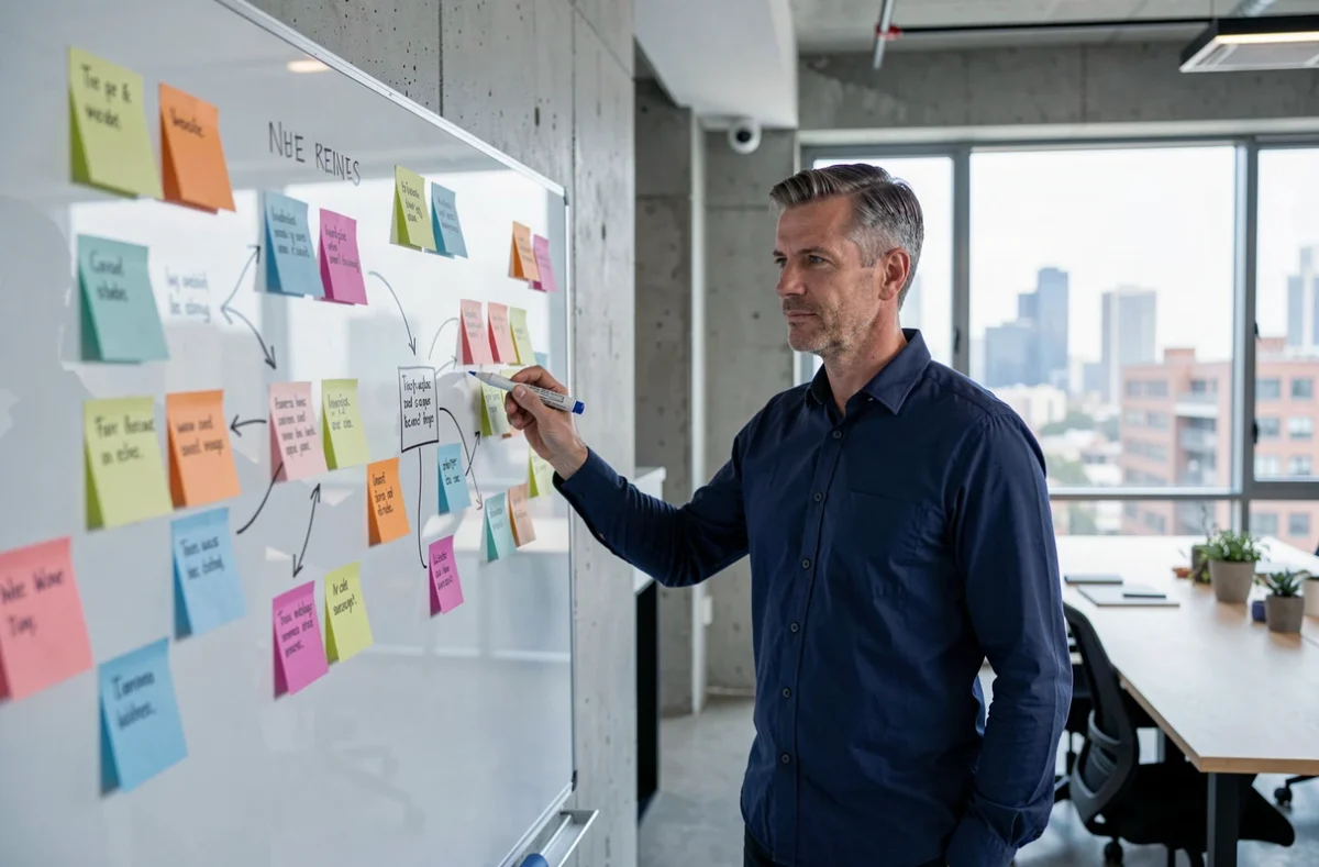 Consultant SEO présentant une stratégie de maillage interne sur un tableau blanc dans une agence digitale moderne