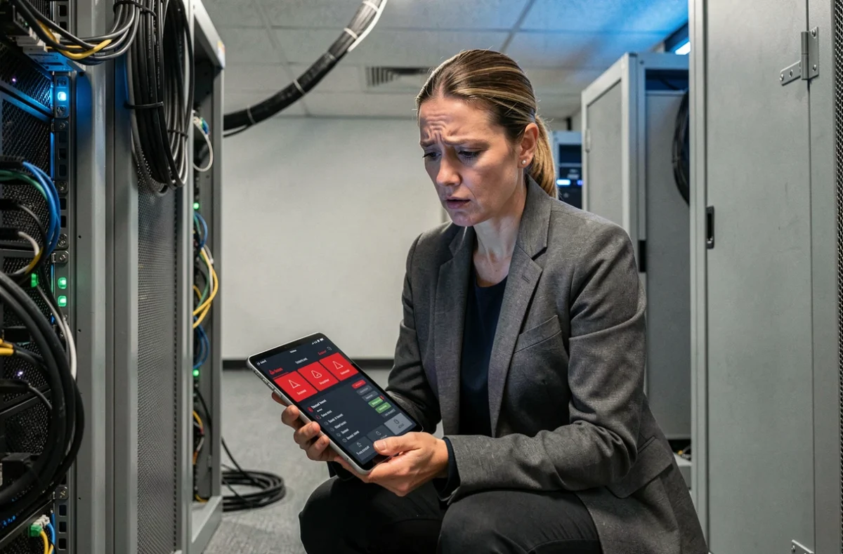 Consultante en sécurité informatique inspectant une salle serveur d'une PME face à une menace de ransomware