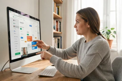 Femme utilisant un outil de création de site web responsive sans coder depuis son bureau à domicile