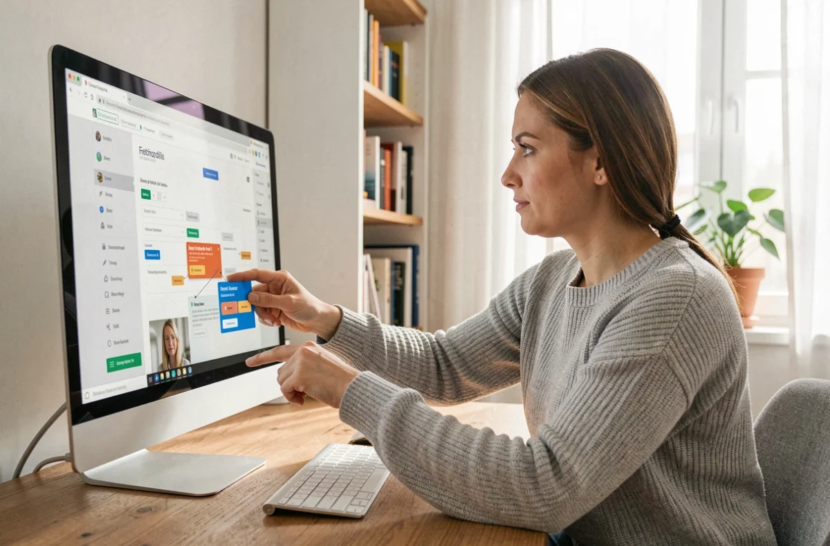 Femme utilisant un outil de création de site web responsive sans coder depuis son bureau à domicile