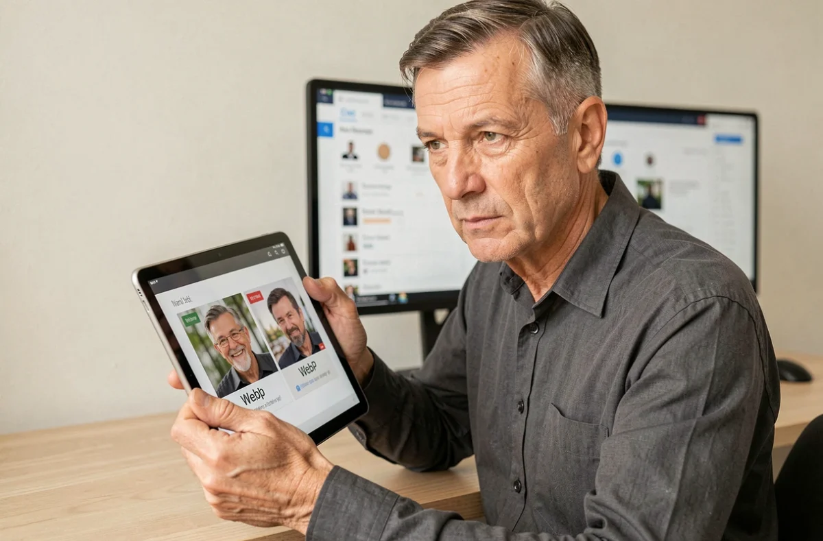 Designer UX comparant la qualité visuelle d'une image originale et d'une version optimisée au format WebP sur une tablette
