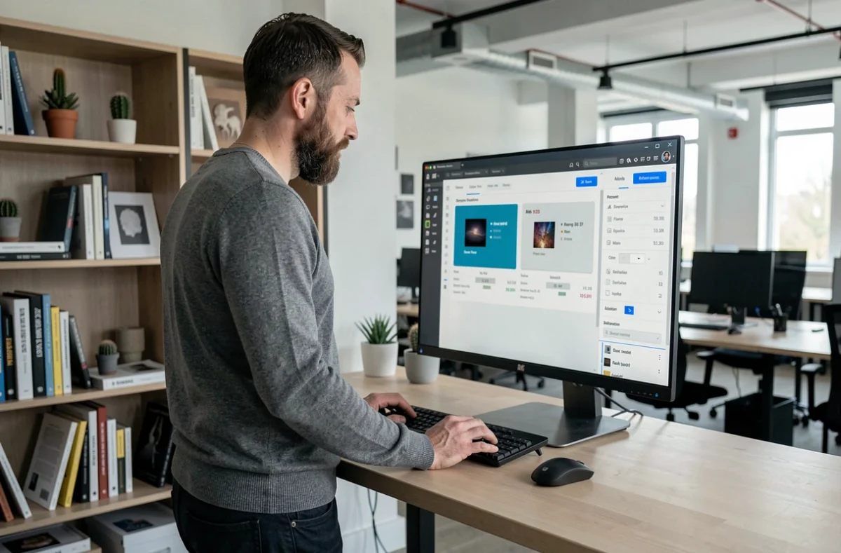 Designer web masculin utilisant un outil de compression d'images pour améliorer le référencement naturel d'un site web