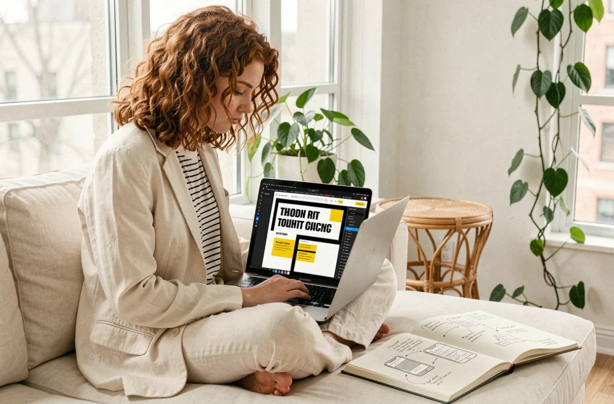 Designer indépendant travaillant sur une interface web néobrutalisteen 2024 dans un appartement minimaliste et lumineux
