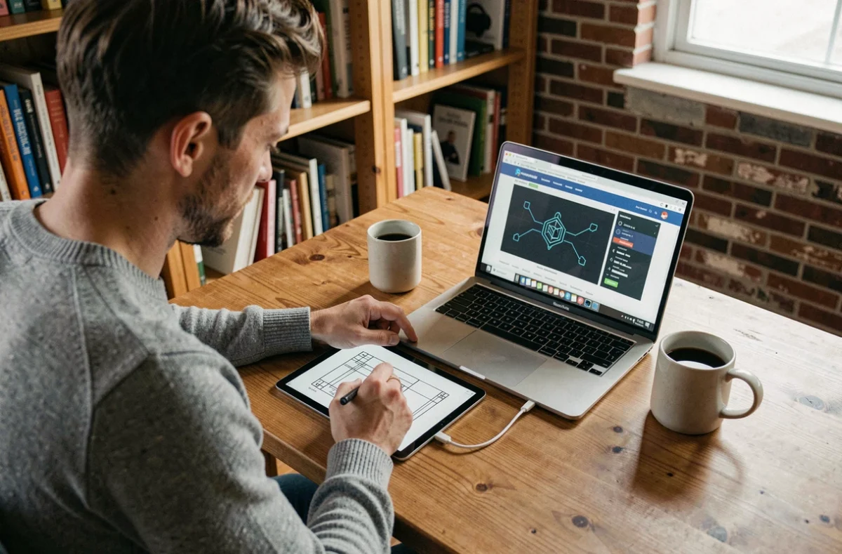Designer en home office créant le prototype d'un site web blockchain sur tablette graphique et ordinateur portable