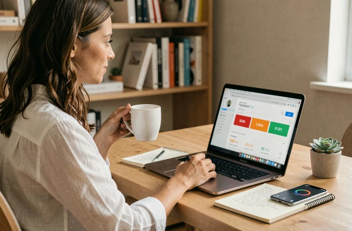 Designer UX examinant un rapport PageSpeed Insights sur ordinateur portable pour optimiser le temps de chargement d'un site web