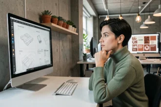 Designer web féminine analysant des maquettes de sites modernes sur un grand écran dans un studio contemporain en 2024
