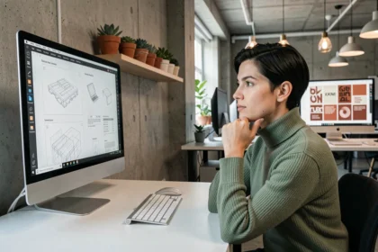Designer web féminine analysant des maquettes de sites modernes sur un grand écran dans un studio contemporain en 2024