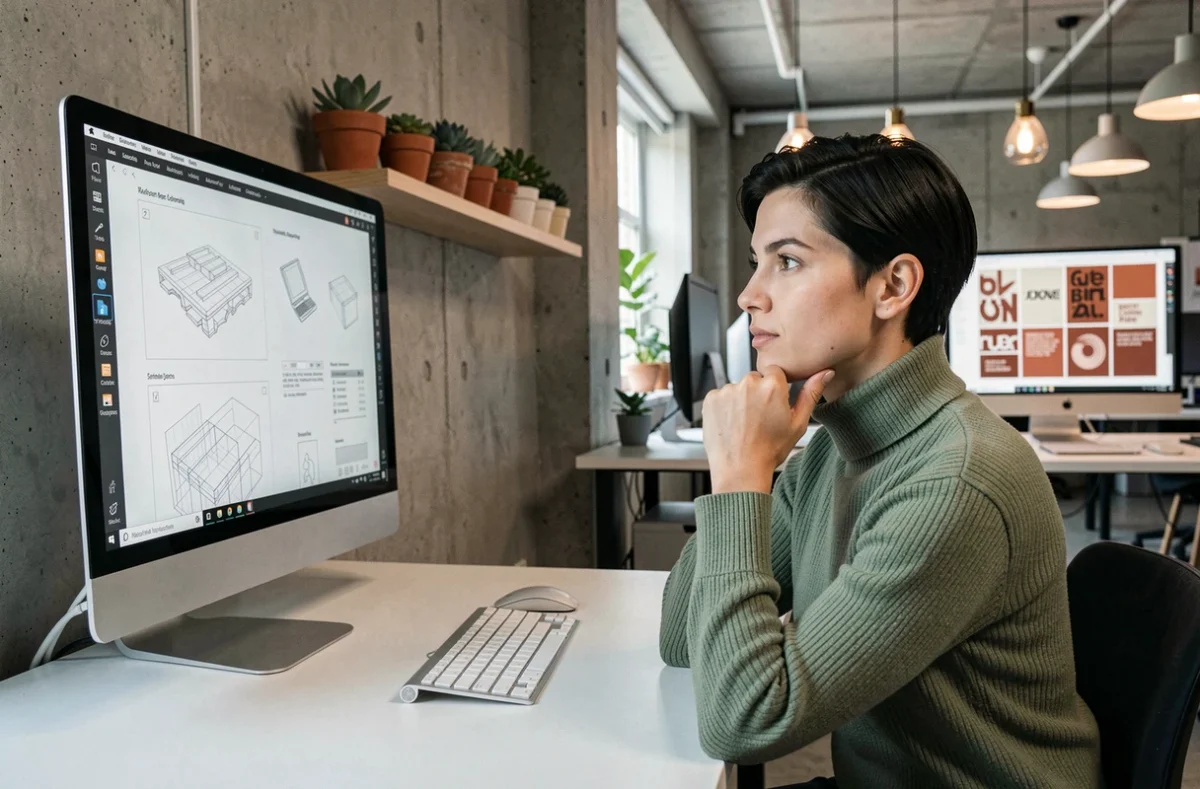 Designer web féminine analysant des maquettes de sites modernes sur un grand écran dans un studio contemporain en 2024