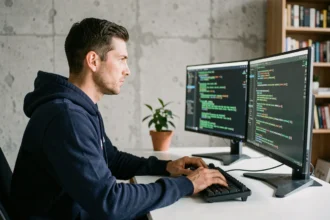 Développeur informatique analysant des algorithmes de cryptage sur plusieurs écrans dans un bureau moderne