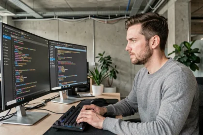 Développeur web analysant des logs serveurs sur un double écran dans un bureau tech moderne pour optimiser le référencement SEO