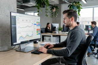 Développeur web analysant les métriques de temps de chargement et les Core Web Vitals sur un écran dans un bureau moderne