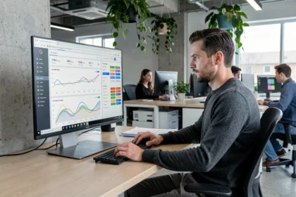 Développeur web analysant les métriques de temps de chargement et les Core Web Vitals sur un écran dans un bureau moderne