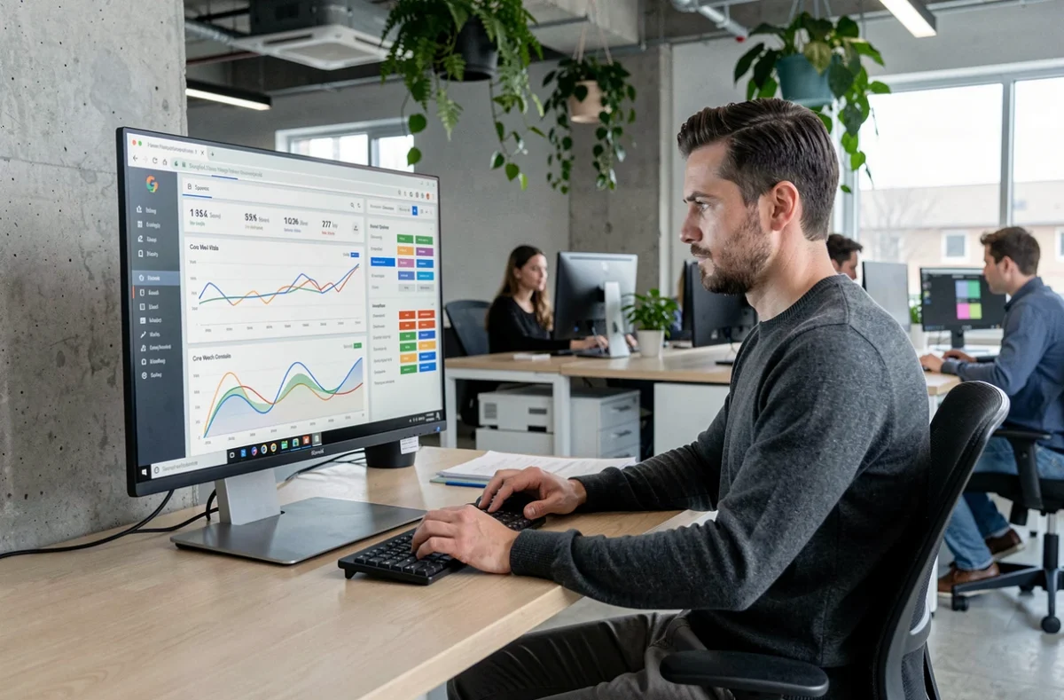 Développeur web analysant les métriques de temps de chargement et les Core Web Vitals sur un écran dans un bureau moderne