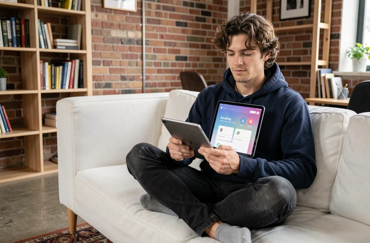Développeur freelance testant des animations UX sur une tablette dans un espace de travail à domicile