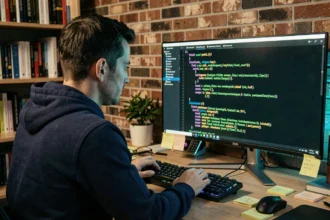 Développeur web étudiant la documentation Vue.js sur un écran d'ordinateur dans un bureau à domicile moderne