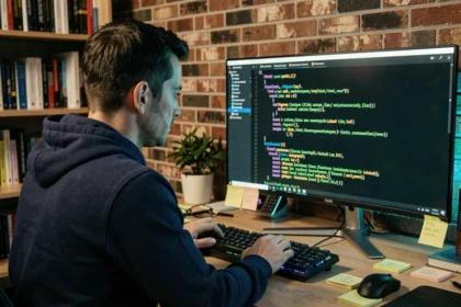 Développeur web étudiant la documentation Vue.js sur un écran d'ordinateur dans un bureau à domicile moderne