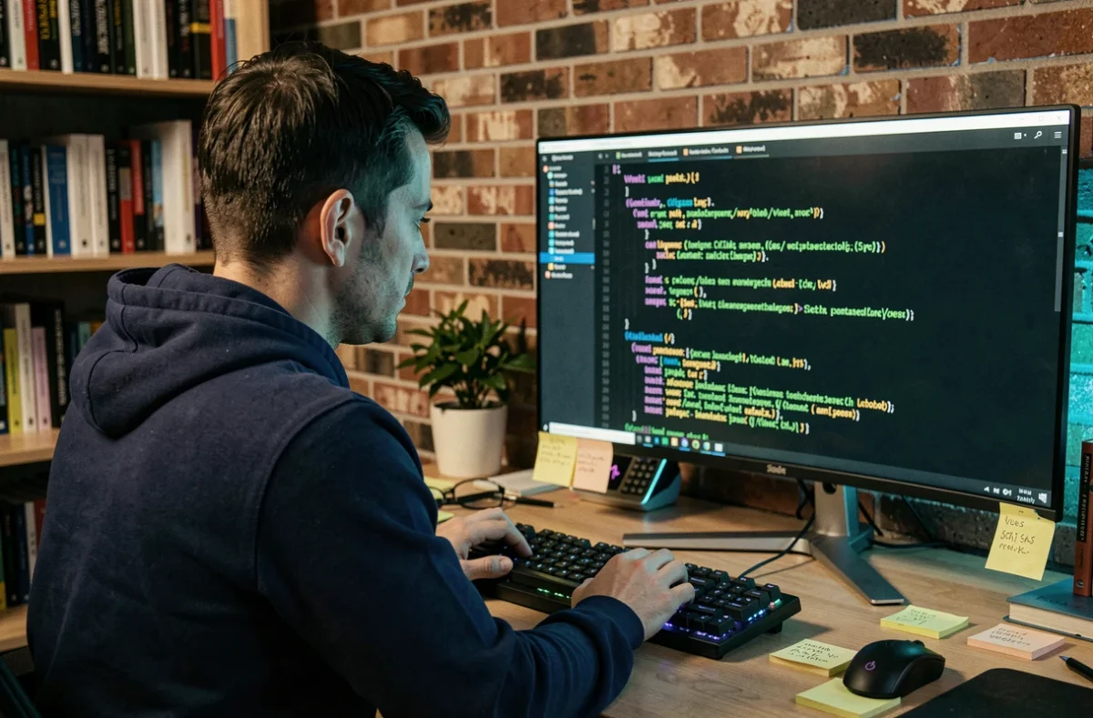 Développeur web étudiant la documentation Vue.js sur un écran d'ordinateur dans un bureau à domicile moderne