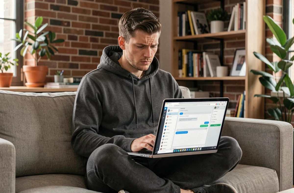 Développeur configurant un chatbot sur son ordinateur portable dans un espace de travail moderne à domicile
