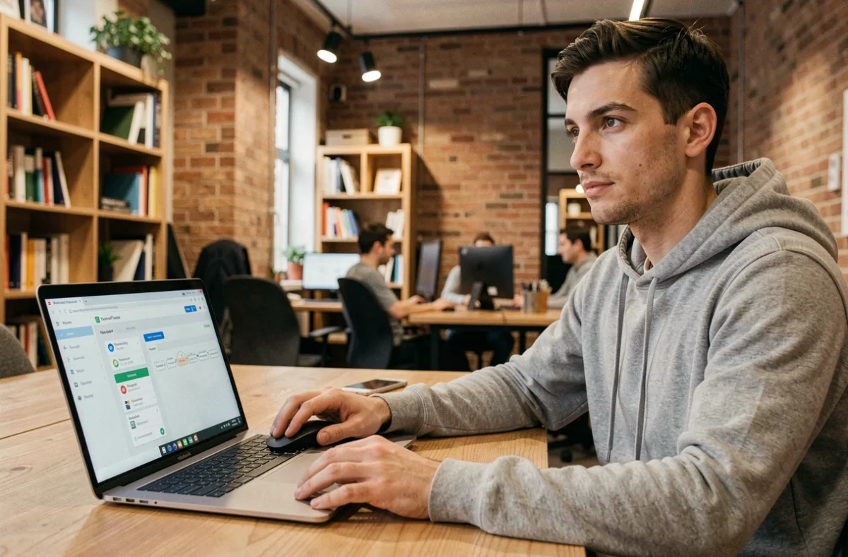 Un développeur créant une application no-code avec l'interface PowerApps sur son ordinateur portable