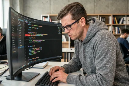 Développeur masculin concentré sur le débogage de code avec une expression de résolution de problème devant un moniteur ultrawide affichant des erreurs en rouge