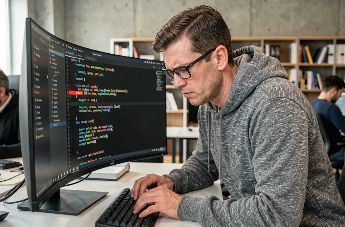 Développeur masculin concentré sur le débogage de code avec une expression de résolution de problème devant un moniteur ultrawide affichant des erreurs en rouge