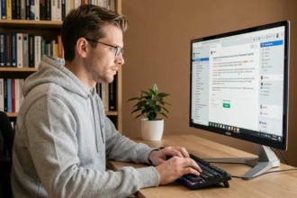 Développeur lisant un flux RSS sur un écran d'ordinateur dans un bureau moderne