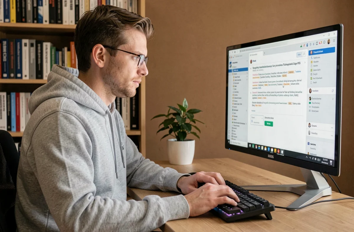 Développeur lisant un flux RSS sur un écran d'ordinateur dans un bureau moderne