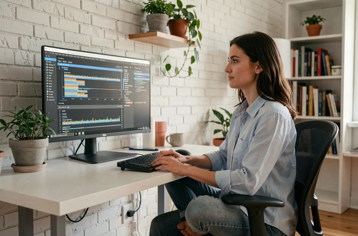 Développeuse front-end analysant les performances de chargement des images dans les outils développeur d'un navigateur
