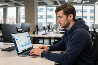 Développeur analysant les coûts et les options gratuites de Google Cloud sur son ordinateur portable dans un bureau tech moderne