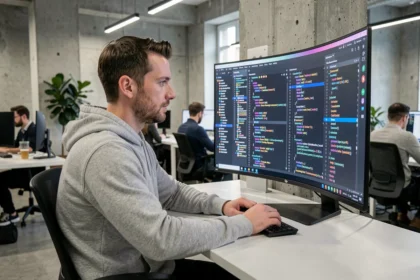 Développeur logiciel concentré sur un IDE coloré affiché sur un écran ultrawide dans un bureau moderne