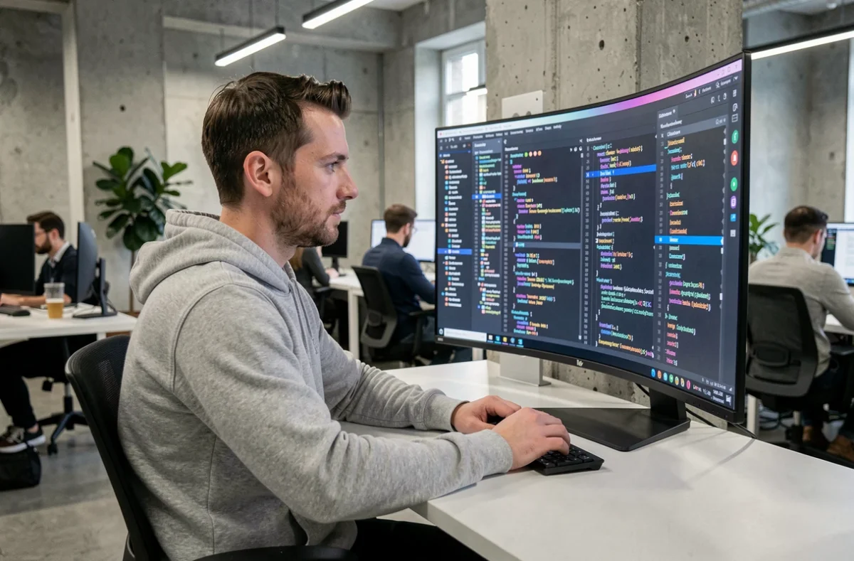 Développeur logiciel concentré sur un IDE coloré affiché sur un écran ultrawide dans un bureau moderne