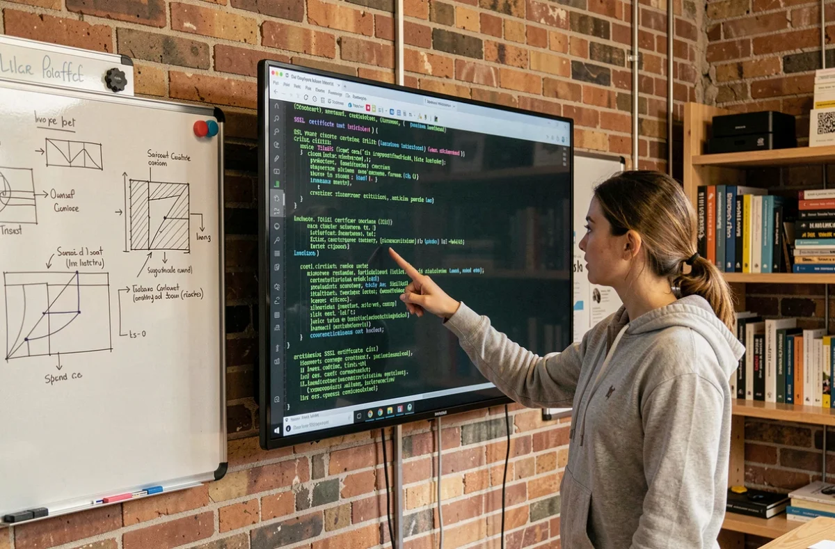 Développeuse web installant un certificat SSL via un terminal dans un bureau de startup technologique