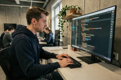 Développeur Java concentré devant un écran affichant du code dans un bureau tech moderne