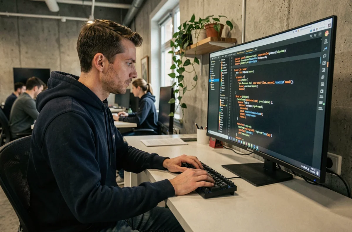 Développeur Java concentré devant un écran affichant du code dans un bureau tech moderne