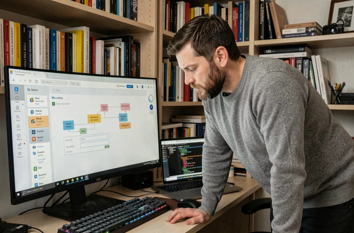 Développeur analysant une interface Power Apps sur grand écran dans un bureau à domicile, approche no-code et low-code