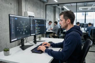 Développeur informatique travaillant sur un site web blockchain dans un bureau moderne avec doubles écrans affichant des diagrammes de réseau décentralisé