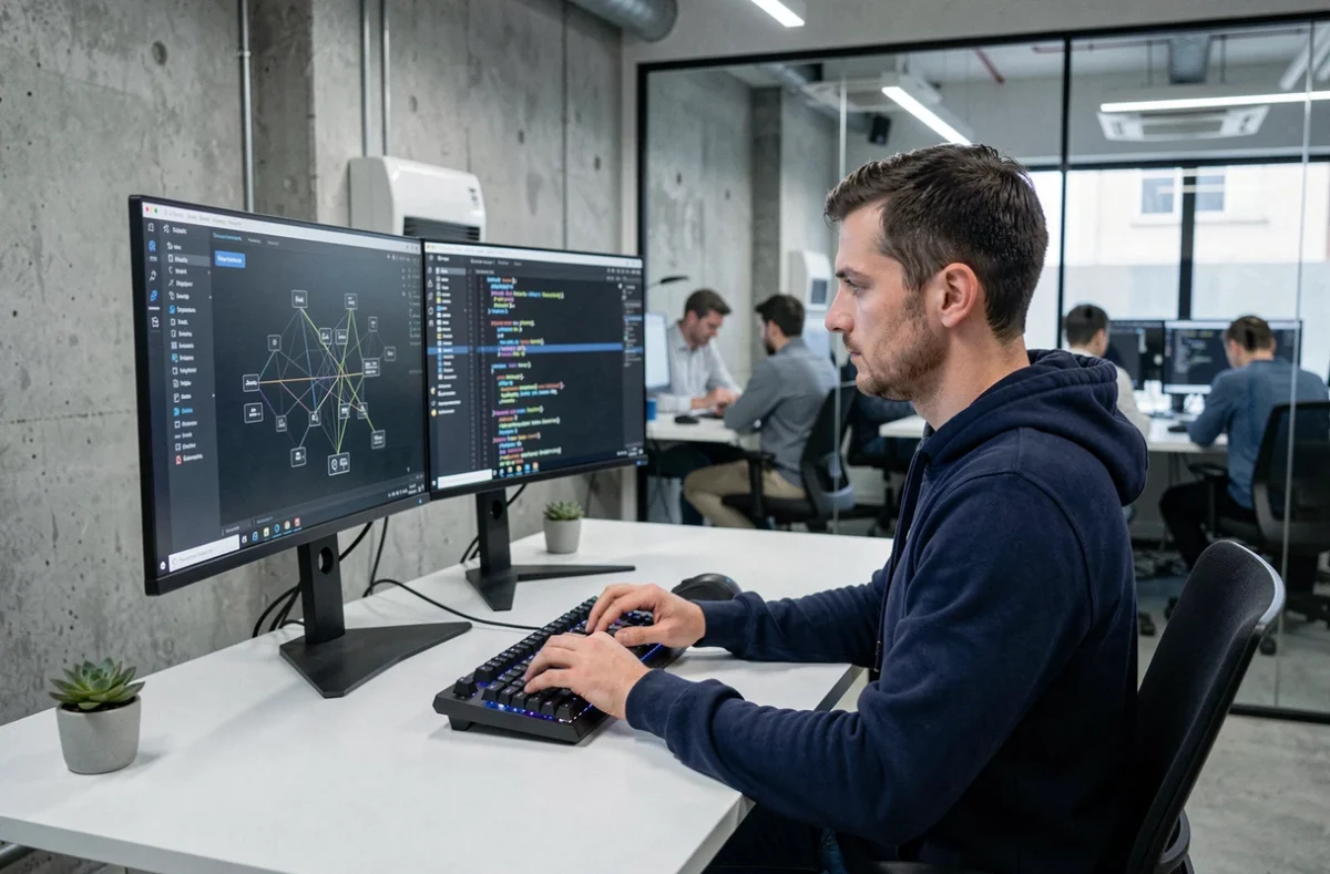 Développeur informatique travaillant sur un site web blockchain dans un bureau moderne avec doubles écrans affichant des diagrammes de réseau décentralisé