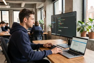 Développeur Java concentré devant un écran affichant du code Spring Boot dans un bureau moderne