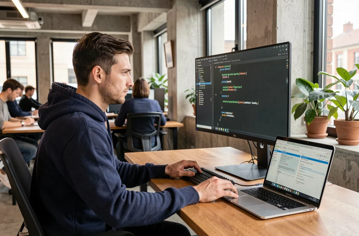 Développeur Java concentré devant un écran affichant du code Spring Boot dans un bureau moderne