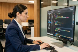 Développeuse Excel concentrée sur du code VBA avec des boucles For Loop affichées sur un grand écran dans un bureau moderne