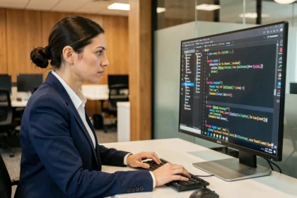 Développeuse Excel concentrée sur du code VBA avec des boucles For Loop affichées sur un grand écran dans un bureau moderne